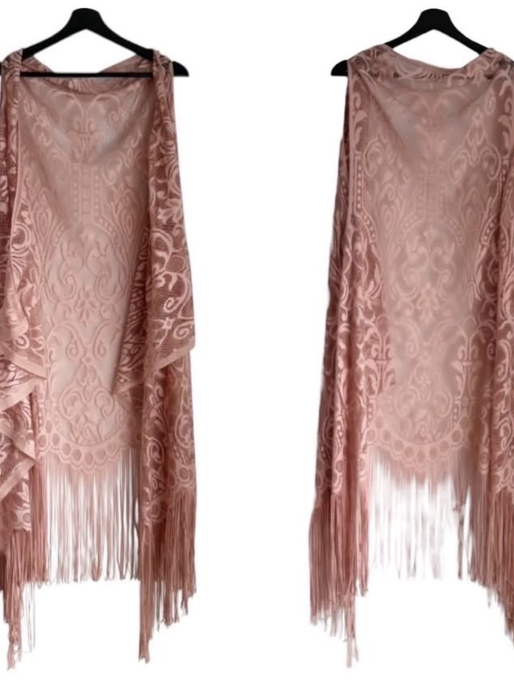 Vintage Lace Rose Pink Damask Fringe Trim Duster Bolero Kimono Top Blouse Vest